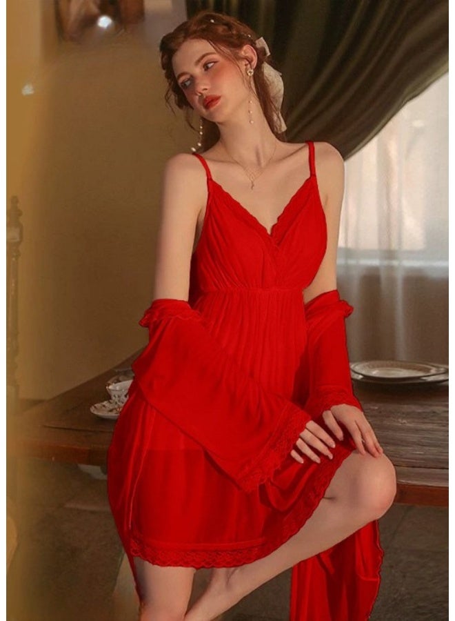 Women's nightgown robe with delicate lace trim – elegant lingerie with an attractive feminine design – lightweight tulle fabric - Image 2